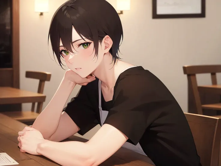 Japanese manga style, shiny skin, masterpiece, best quality, (28-year-old male: 1.5), (short brown hair) and (green eyes), BREAK(Wearing a black T-shirt and an white apron)BREAK, (confused:1.3),The background is the interior of a cafe, (alone),cowboy shot
