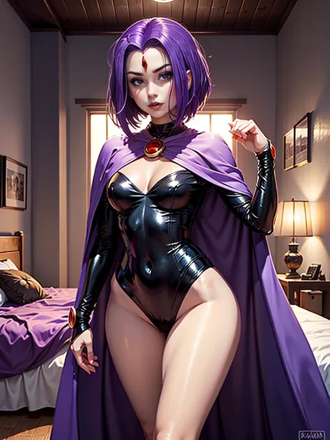 illustration of Raven of DC Comics, 1girl, raven, purple hair, forehead jewel, purple eyes, short hair, standing, cleavage, light grey skin, torso, upper body, in Anime Tarot Card Art Style, shading, small, bedroom background, (((completely nude)))