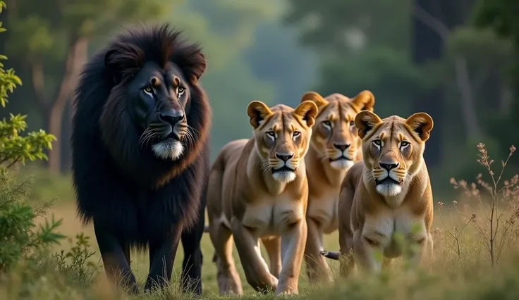 Imagine a scene where , nice day,High resolution and quality. The lion animal is black and beautiful. It is based on the left of the screen. On the right, there is a group of three lions. Their eyes are white, with a very detailed face. At the back there i...