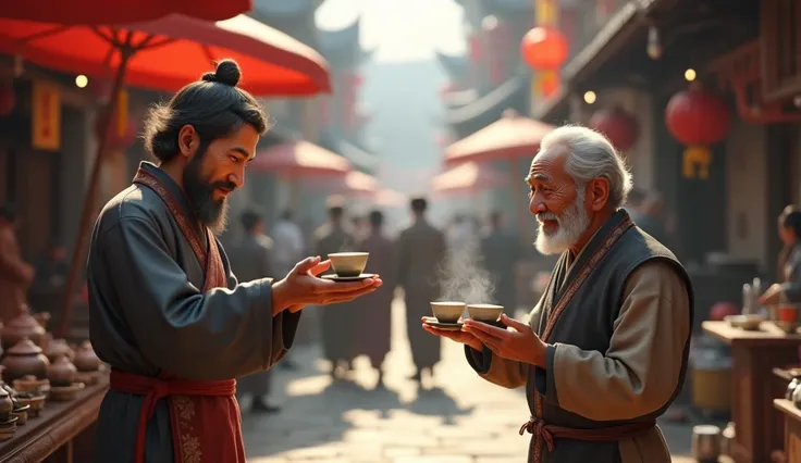 (photorealism:1.2), 3D skech ,The old man gesturing to the tea vendor to pour two cups of tea.