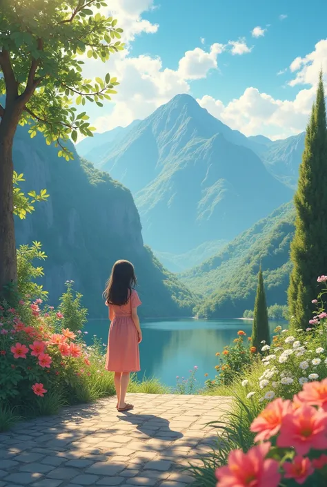 A gentle girl ， The background is vast nature，Flowers in bloom，Bright colors， Detailed Scenery ， beautiful natural silver landscape ，Mood lighting， A gentle born sun on a mountain ，Warm colors，practical，practical摄影，Delicate leaves，Complex buildings， cobble...