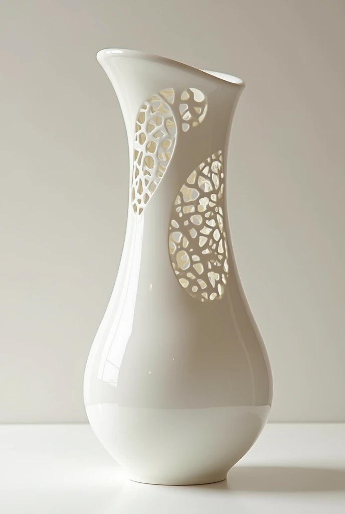 "A stunning modern contemporary porcelain vase with an intricate openwork design. The vase features a sleek, minimalistic shape, crafted with precision to showcase delicate, lace-like cutouts that form organic, flowing patterns. Its surface is smooth and g...