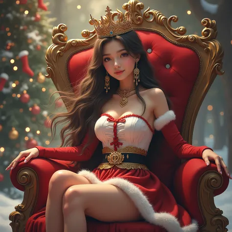 1girl, Long hair, Earings, Sitting on a Throne, wearing a Crown and Christmas costume, With text Angel on it