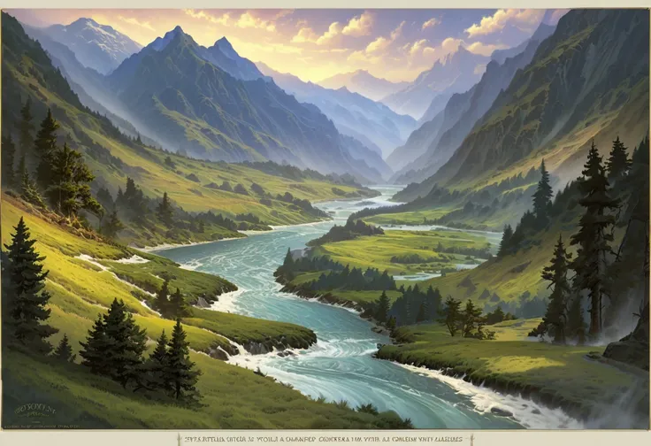  a picture of a mountain landscape with rivers and valleys , Valley background, Valley,  Official Art work,  painting style by James Gurney, the planet is warm with Valleys, top of a Valley, ( (  Thomas Kinkade  ) ),  Official Art , Valleys, Breathtaking, ...