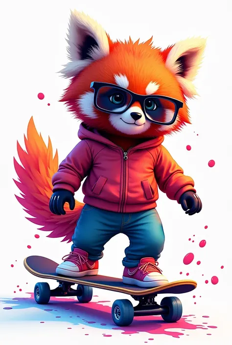 Red panda with dark glasses ,  in colorful neon clothes skateboarding,  with several ink spots surrounding the image, With a big Phoenix on my shoulder,  high resolution , Ultrarealistic, image with an all-white background , in 3D 