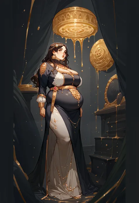 (best quality, masterpiece:1.2), fashion photography, black and gold, nerd woman woman with golden paint dripping all over her body, full lips, , massive sagging breasts and chubby bellyfull body photography