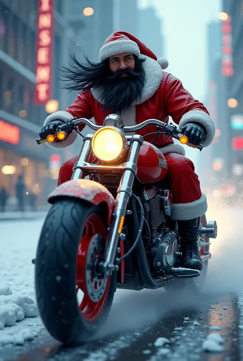 Black-haired Santa Claus riding a motorcycle