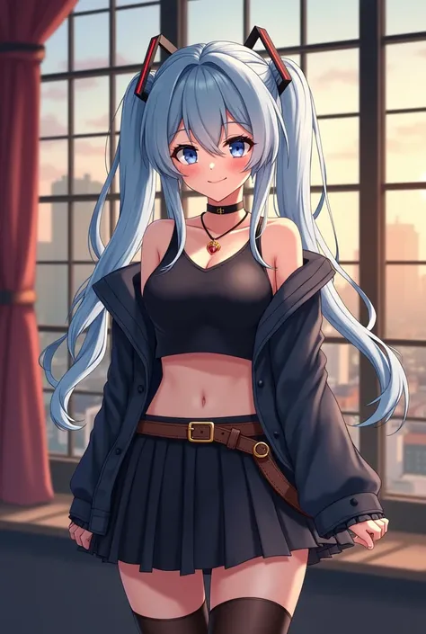  cheerful woman with a slight smile ,  light blue hair with two long pigtails and white tips ,  black neckline with half black jacket , necklace with buckle ,  black skirt with brown belt with a golden buckle ,  black thigh-high stockings ,  background of ...