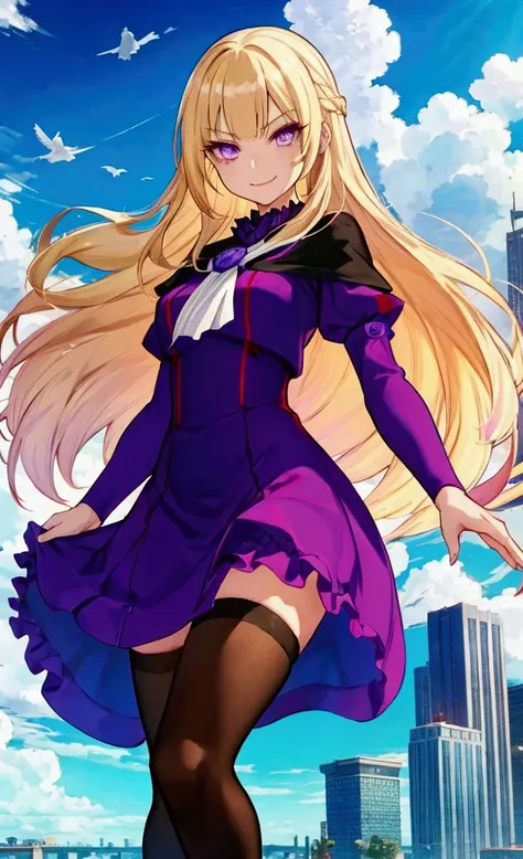  character（Young lady、Mean face、 red eyeliner that makes a striking impression、 Purple Eyes,  has long eyelashes、smile）、Hairstyle（ long hair,  blonde hair ）、clothing（  fashion illustration, wearing black tights 、white and purple ruffle dress、Thighs）、scene（...