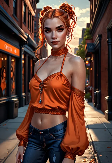 in the style of Charlie Bowater, (UHD),vampire, detailed face, girl in an orange halter top with cowl sleeves, jeans, downtown, braided pigtail, 