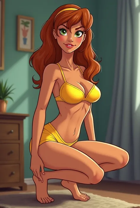  Draw Velma from Scooby-Doo ,  wearing only shorts and bra  ( color yellow  ), being at home  , (Very realistic photo),  (  to be under control ) She starts to squat ( ass in my direction )
 She smiles because she enjoys being my slave 