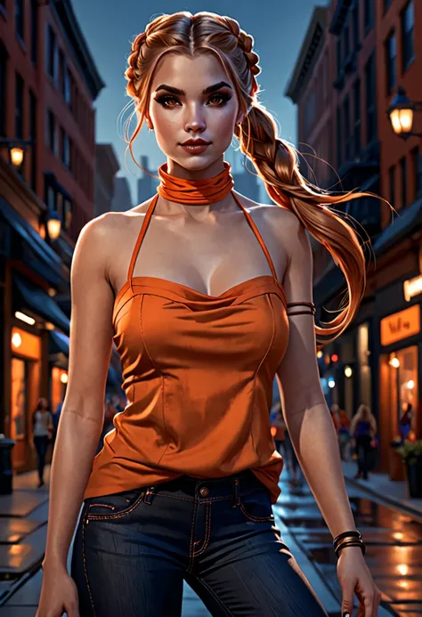 in the style of Charlie Bowater, (UHD),vampire, detailed face, girl in an orange halter top with cowl sleeves, jeans, downtown, braided pigtail (dark blonde hair), 