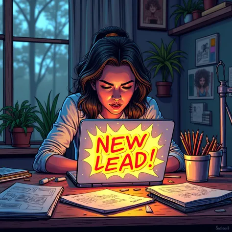 Comic-style creator working on a “Laptop” with glowing “NEW LEAD!” effects