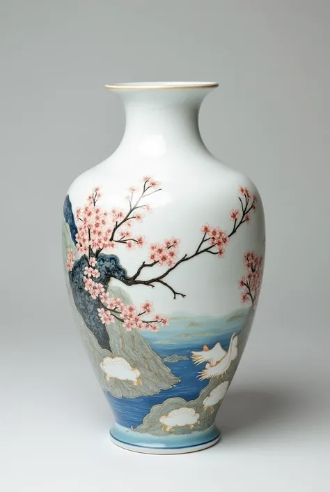 "A detailed depiction of a beautiful fine porcelain vase, inspired by traditional Japanese art. The vase features an elegant, curved shape with a glossy, pristine white surface. Its decoration includes intricate hand-painted motifs of cherry blossoms, deli...