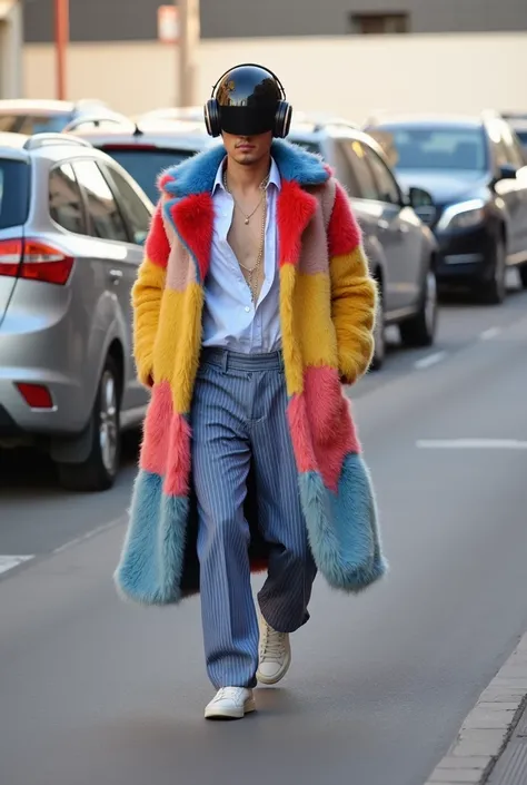 A man walks outdoors on a paved road, captured in a full-body frontal view. The subject is wearing an oversized, colorful, eccentric fur coat with patchwork patterns and bright colors, including blue, red and yellow. Underneath, they are wearing blue strip...