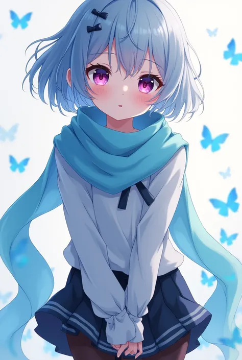 anime girl, short light blue hair with black locks, purple and pink eyes .   white skin , sky blue scarf, with a mini skirt and black tights 