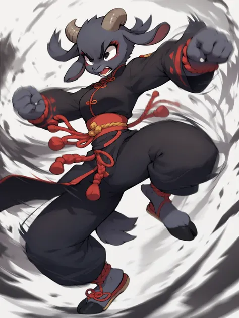 Pooow!! , female black goat girl  , hump motion blur , Kung Fu Battle , kung fu uniform