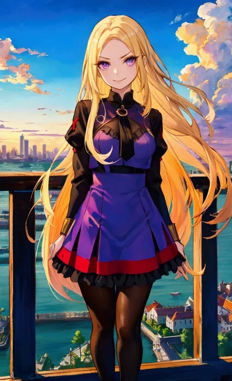 oil painting,  character（Young lady、Mean face、 red eyeliner that makes a striking impression、 Purple Eyes,  has long eyelashes、smile）、Hairstyle（ long hair,  blonde hair ）、clothing（  fashion illustration, wearing black tights 、white and purple ruffle dress、...