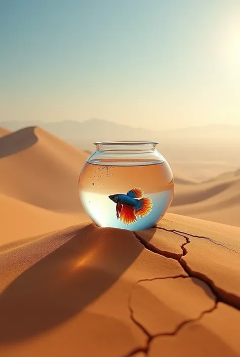 "A low-angle, ultrarealistic, high-definition shot of a small, round, glass fishbowl perched precariously on a sand dune in the Sahara Desert. A large, spiderweb-like crack runs down the side of the bowl, allowing water to drip slowly onto the scorching sa...