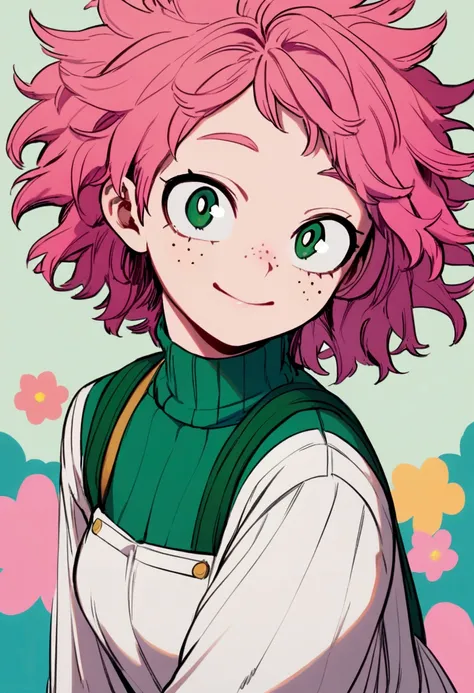 My hero academia, girl with pink messy hair and green eyes, soft smile, cute clothes, freckles