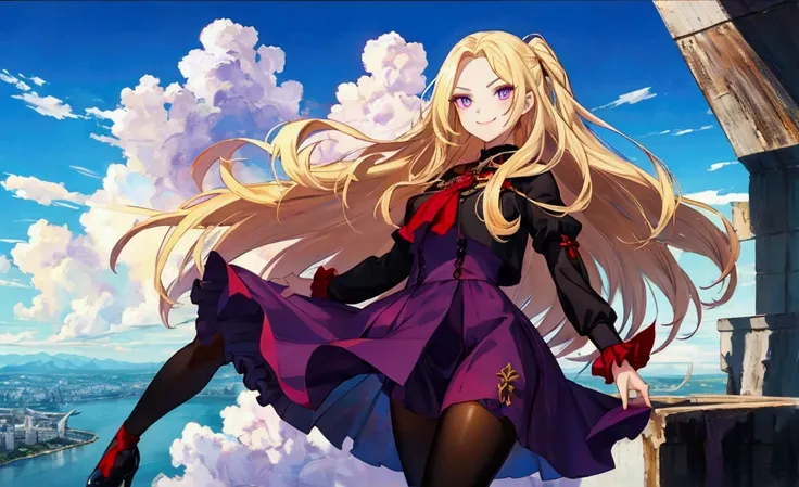 oil painting,   character（Young lady、Mean face、 red eyeliner that makes a striking impression、 Purple Eyes,  has long eyelashes、smile）、Hairstyle（ long hair,  blonde hair ）、clothing（  fashion illustration, wearing black tights 、white and purple ruffle dress...