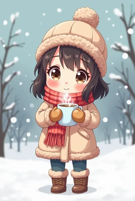 Winter Scene with a Scarf
"Create  a cute anime-style girl standing in the snow, wearing a winter coat, scarf, and gloves. She is holding a cup of hot cocoa and smiling warmly