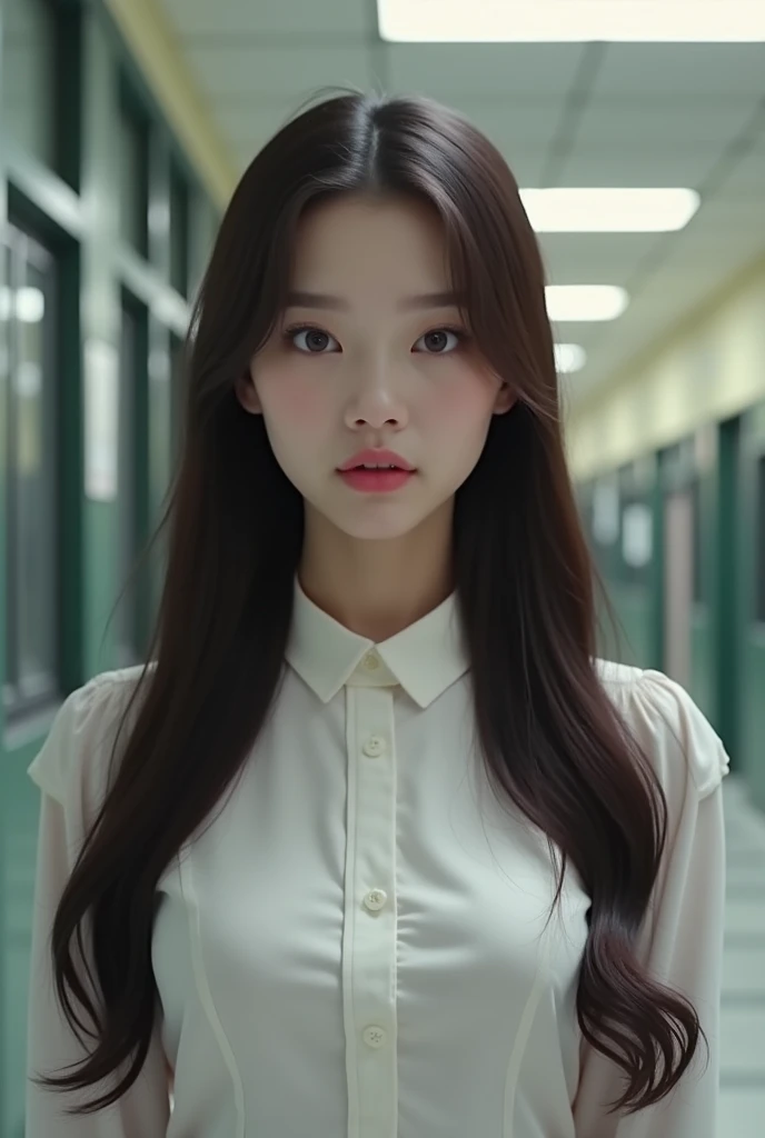 Pale skin, (western europe white skin:1.3), baby face lady, 25 years old,elegant, like jennie kim face, oval face, chubby cheeks, dark brown hair, straight long hair, grey eyes, big boobs,  (super white skin:1.3), solo, high quality cg, 8K resolution, Shar...