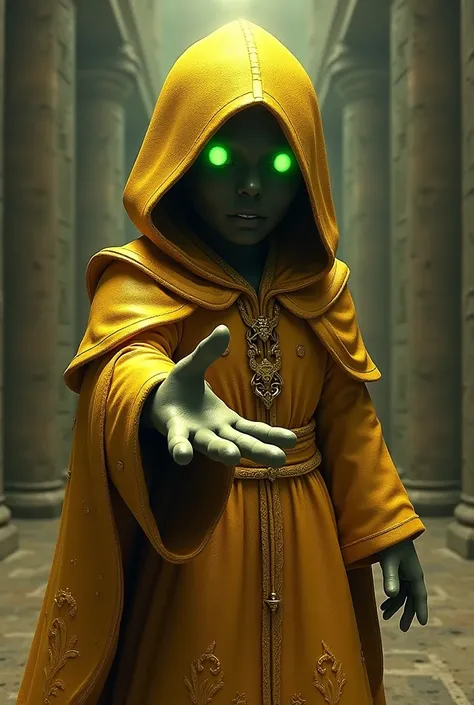 A human in gold clothes and a gold hood with green eyes and you cant see his face saying “Frosbite peels it off” showing it to the spectator but put on what he says and he looks like a character from Roblox