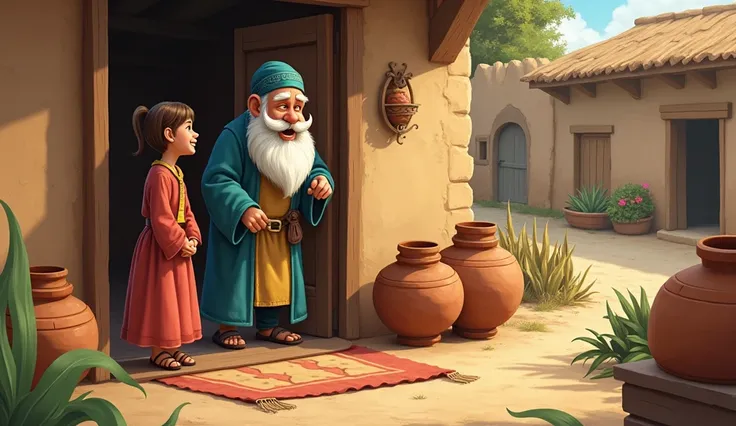 Molla Nasreddin, standing at the entrance of a traditional rural home, speaking to a young girl inside the house. The girl, with a mischievous expression, is responding to Molla, saying they dont even have water. Molla looks amused and thoughtful, scratchi...