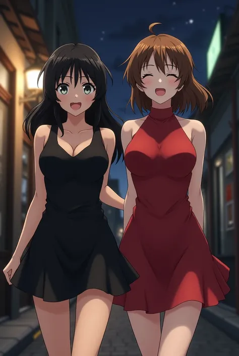 Two girls in full adolescence.
One is blackhaired with gray eyes ,  waist-length hair.  big breasts and big hips .  Wear a short black dress highlighting her curves.
 The other is brown-haired with green eyes,  short shoulder-length hair . Wear a short red...