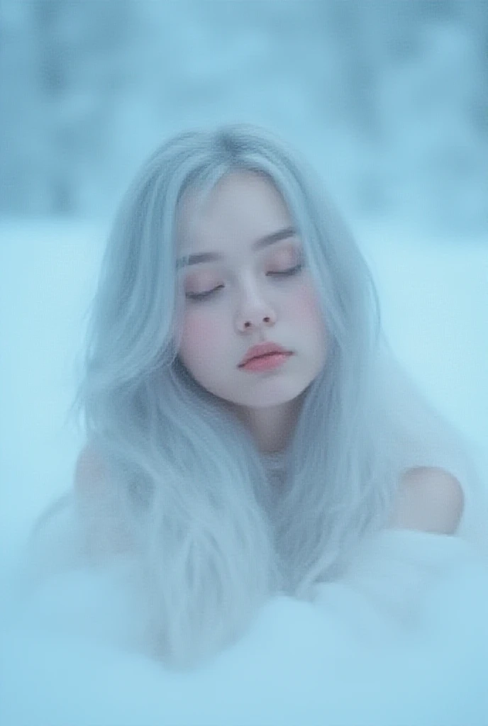 a serene winter landscape, a very fresh beauty with silver hair sleeping in the snow, ethereal and revealing outfit, full body view, high angle shot, (best quality,8k,highres,masterpiece:1.2),ultra-detailed,realistic,photorealistic,photo-realistic:1.37,HDR...