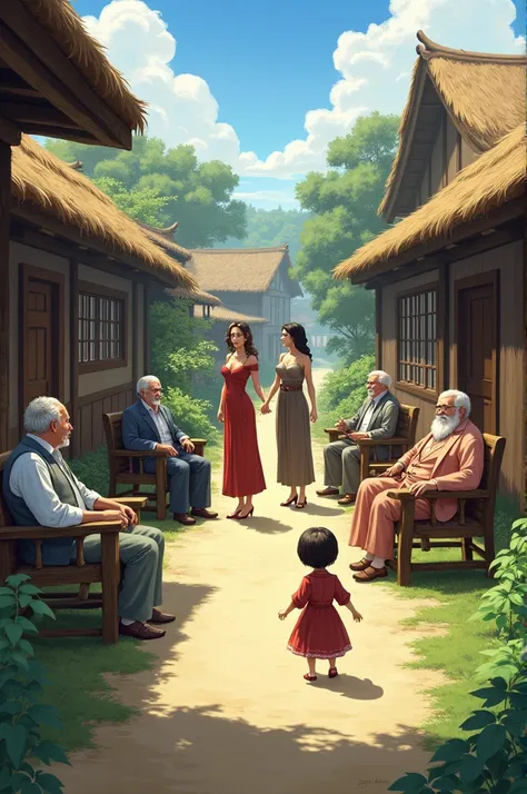 A village with Brown grown blocks and grass roofs with ren playing around, 4 elderly men luxuriously dressed drinking nearby and 2 pretty curvy ladies walking towards them