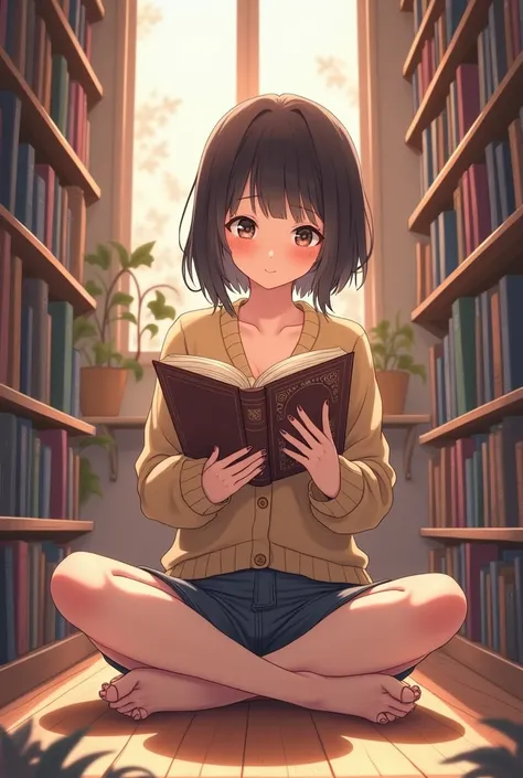 cute woman with books in the library「Sitting on the library floor 、 lets make a cute anime-style girl surrounded by books。 she is wearing a cardigan 、 reading a big book with a focused expression 。