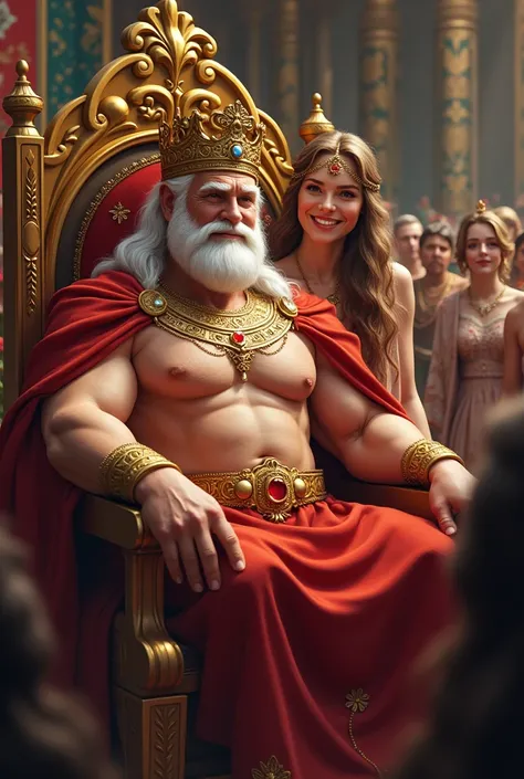 A handsome white wise King wearing a gold crown shirtless wearing a gold necklace sits on a throne with his beautiful queen smiling happily surrounded by his happy subjects