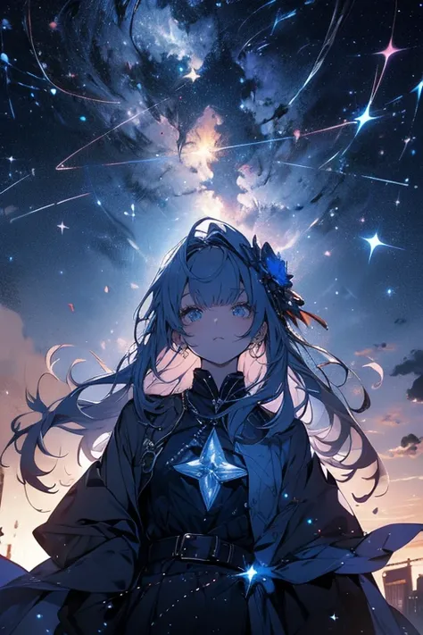 Looking up at the stars,(1 girl),(blue,starlit sky,stars),conceptual art, best quality,masterpiece, Super detailed, Attention to detail, High image quality,highest quality, High resolution