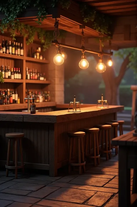 Minecraft bar counter, HD, Night time , Warm lighting , no people