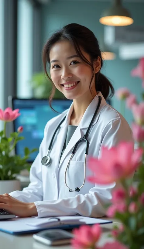  Create image of Vietnamese doctor ,  women ,  flowers ,  in the live stream room, is a medical professional , technology