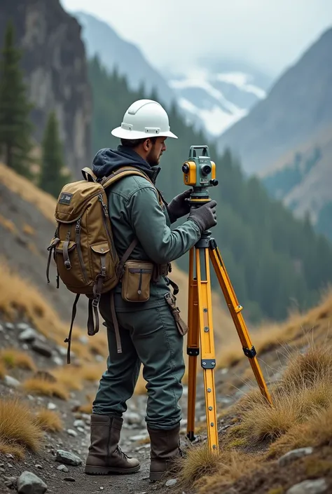  A geologist with a white helmet, But his surveyor  
