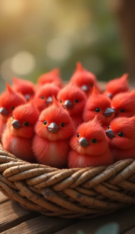 lots of cute little red birds clustered in a basket