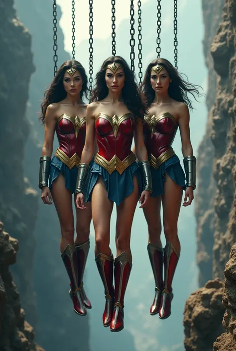 Photo of three Wonder Woman women hanging by shackles on a mountain cliff