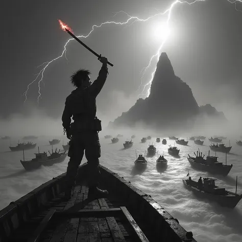  Black and white photo with a surreal style .  Young man with Asian beauty , Incredibly powerful . Short shoulder-length hair flies in the wind ,  he wears army gear standing on a large screaming boat ramp.  His dirty hands raise a fiery red sword into the...