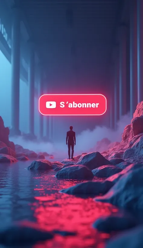 Image 6 (plan final) : Un bouton d’abonnement YouTube animé flottant au-dessus d’une scène virtuelle, avec un personnage se préparant à plonger dans un monde en réalité augmentée.
Visuel : Animation claire et dynamique du bouton “S’abonner”, avec un effet ...