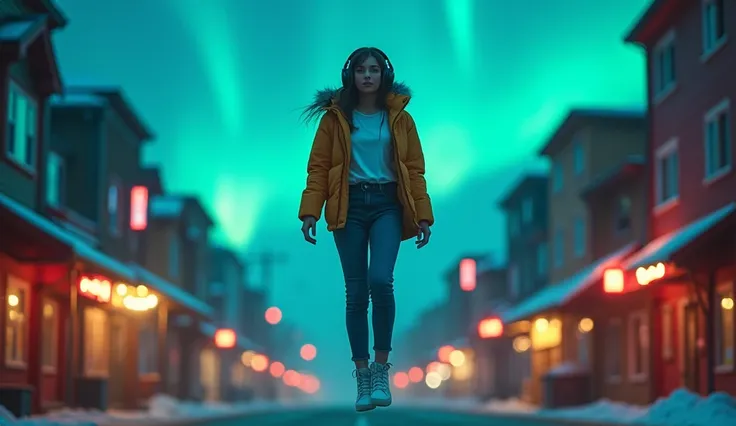 

Make image structure for women using headphone and casual outfit full body standing little bit levitating from in the middle of the town great with Aurora Borealis lights on the sky with cinematic ( landscape picture) depth of field photography, pop art,...