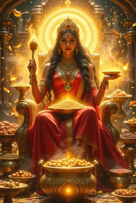 Create an intricate, hyper-realistic surreal illustration of the benevolent Indian goddess Annapurna, the embodiment of food, nourishment, and sustenance. Depict her seated gracefully on a golden throne adorned with intricate carvings of lotus and grain pa...