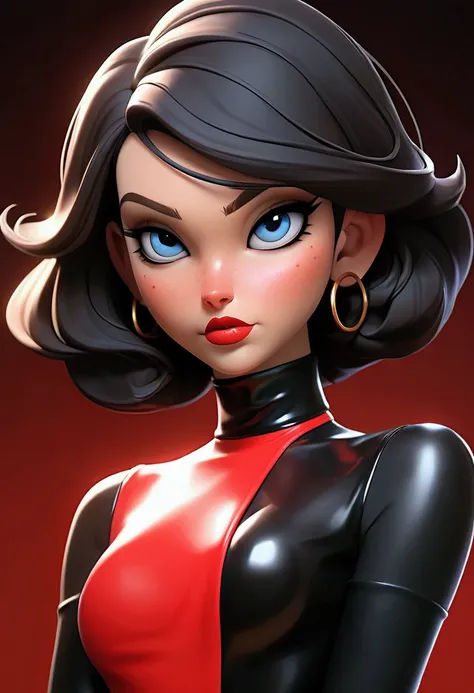 A tall and slender woman with a black A-line bob haircut, blue eyes, pronounced red lips and a narrow face, while her body is mainly a voluptuous figure with slender arms and high legs. Dress in a sleeveless red latex bodysuit with a skirt at the bottom en...