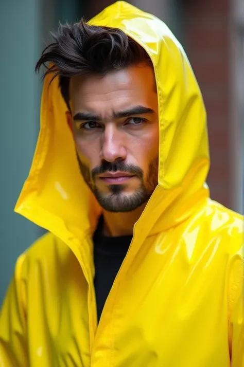 Make a photo of a handsome man wearing a bright yellow plastic material raincoat 