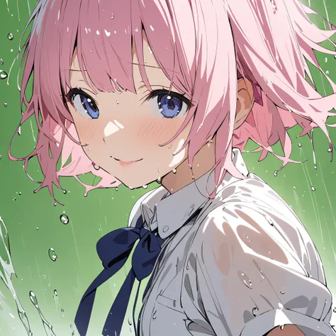 "A cute high school girl with short pink hair styled in a slightly messy and tousled way, wearing her school uniform—a white blouse, a navy blue pleated skirt, and a matching ribbon tied neatly at the collar. Her clothes and hair appear damp, with water dr...