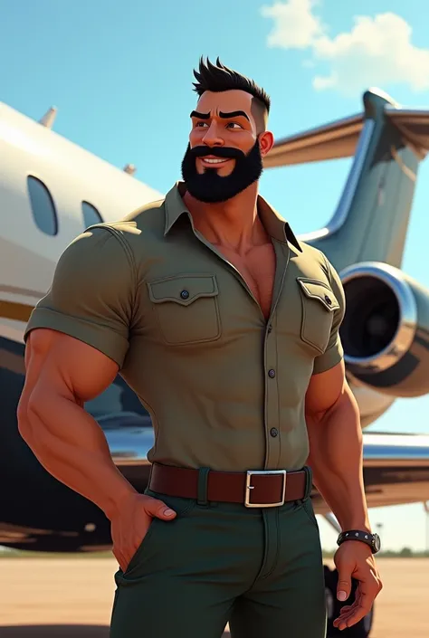 Muscular man with short beard and black hair
Al.side of a private jet
in the form of a Disney Pixar drawing