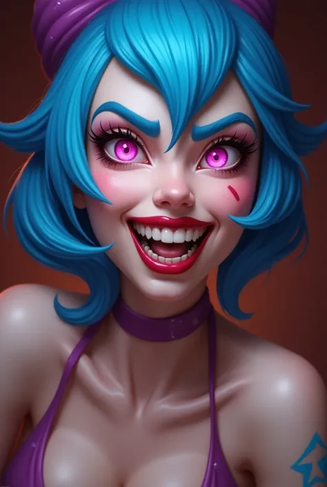 1girl, jinx_(league_of_legends), solo, long_hair, bangs, bare_shoulders, teeth, blue_hair, pink_eyes, asymmetrical_bangs, shiny, shiny_hair, open_mouth, brown_background, red_lips, portrait, brown_shirt, looking_at_viewer