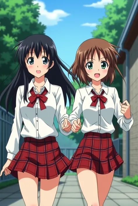 two girls.

One is blackhaired with gray eyes ,  waist-length hair.  big breasts and big hips .  Wear a school uniform with a white shirt and a short red plaid skirt.  long black hair .

 The other is brown-haired with green eyes,  short shoulder-length ha...